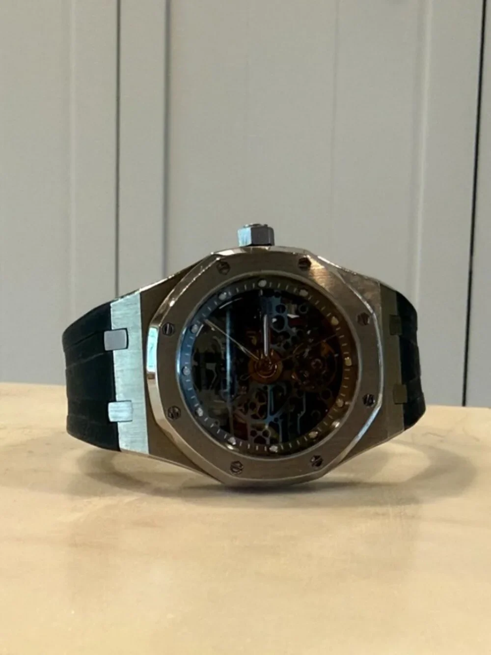 GEYA Skeleton Automatic Watch Stainless Steel Black Silicone Band - Picture 1 of 3
